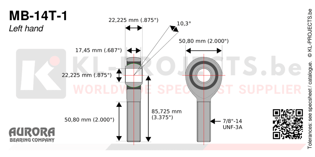 Aurora MB-14T-1 male rod end drawing with dimensions