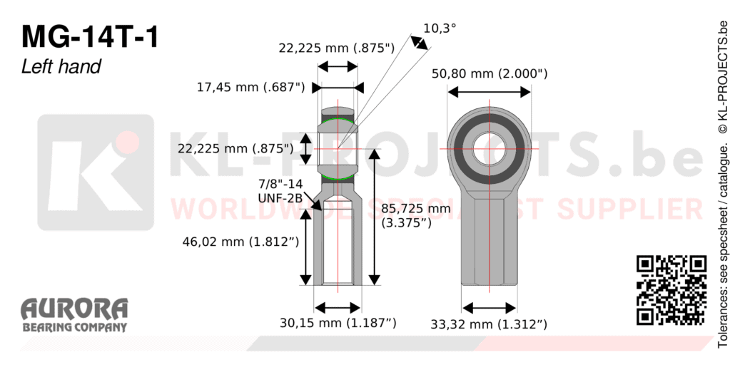 Aurora MG-14T-1 female rod end drawing with dimensions
