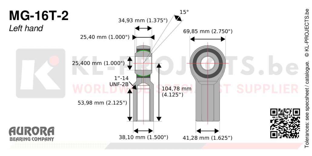Aurora MG-16T-2 female rod end drawing with dimensions