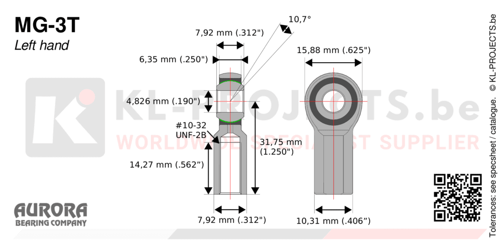 Aurora MG-3T female rod end drawing with dimensions