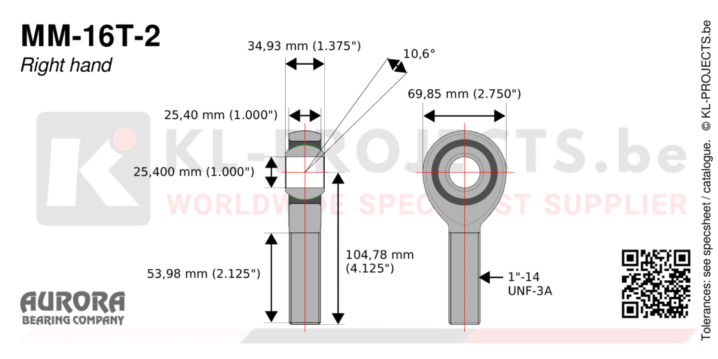 Aurora MM-16T-2 male rod end drawing with dimensions