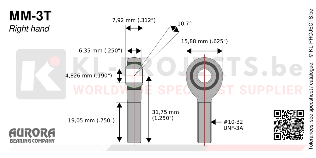 Aurora MM-3T male rod end drawing with dimensions