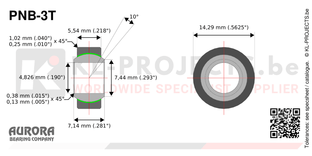 Aurora PNB-3T narrow spherical bearing drawing with dimensions
