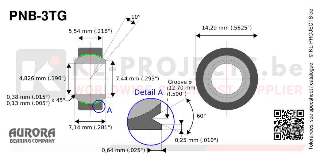 Aurora PNB-3TG narrow spherical bearing drawing with dimensions