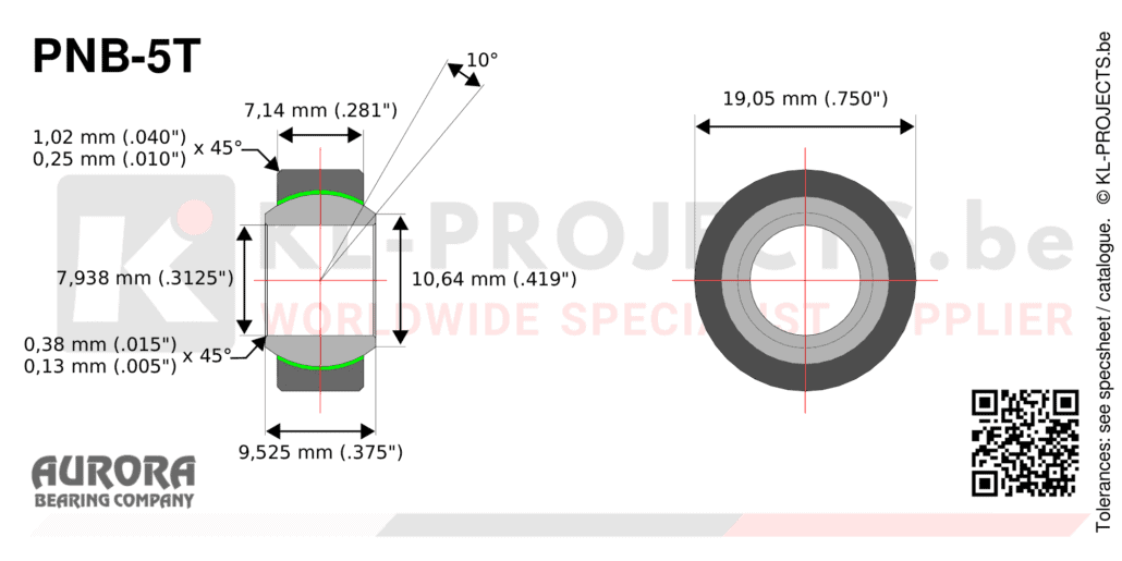 Aurora PNB-5T narrow spherical bearing drawing with dimensions
