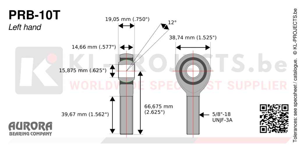 Aurora PRB-10T male rod end drawing with dimensions