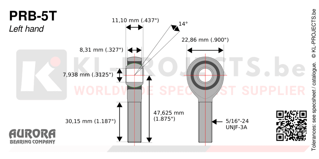 Aurora PRB-5T male rod end drawing with dimensions