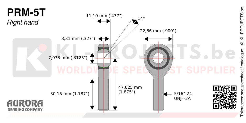 Aurora PRM-5T male rod end drawing with dimensions