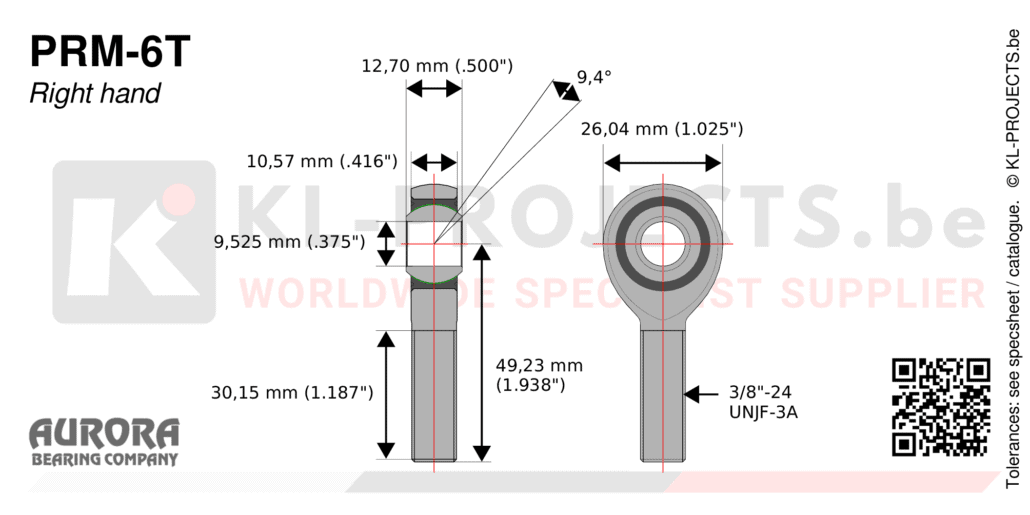 Aurora PRM-6T male rod end drawing with dimensions