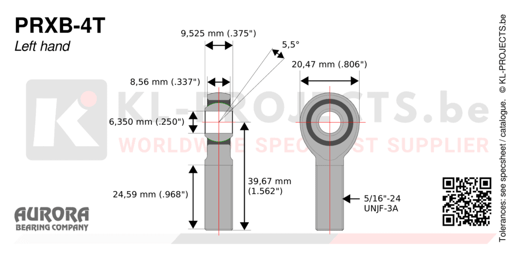 Aurora PRXB-4T male rod end drawing with dimensions
