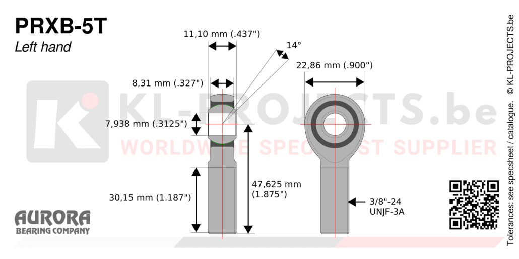 Aurora PRXB-5T male rod end drawing with dimensions