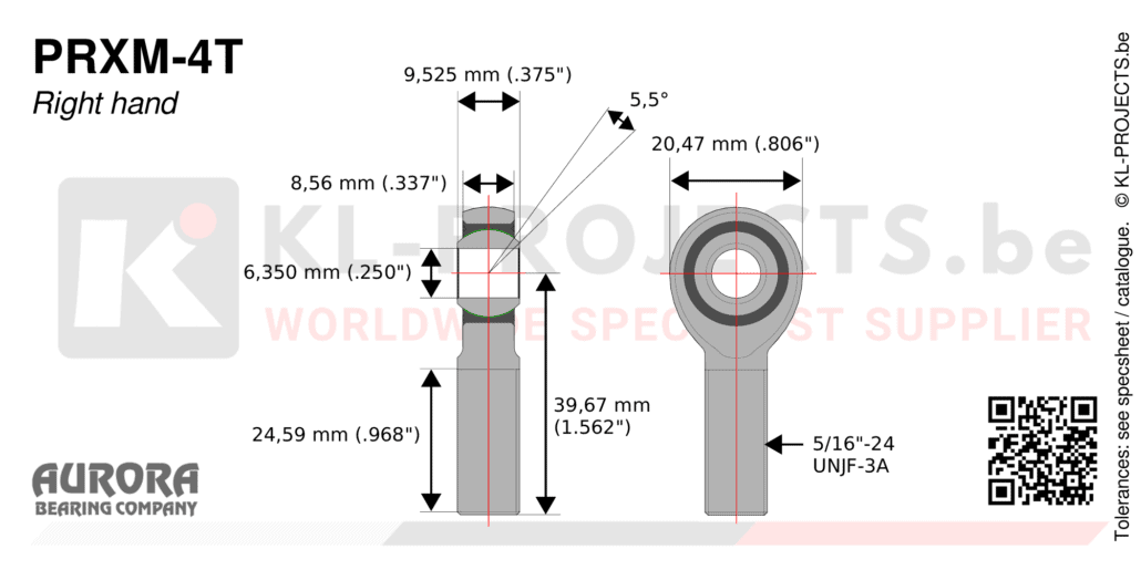 Aurora PRXM-4T male rod end drawing with dimensions