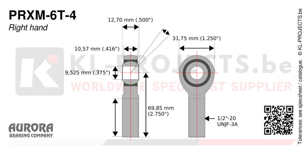 Aurora PRXM-6T-4 male rod end drawing with dimensions