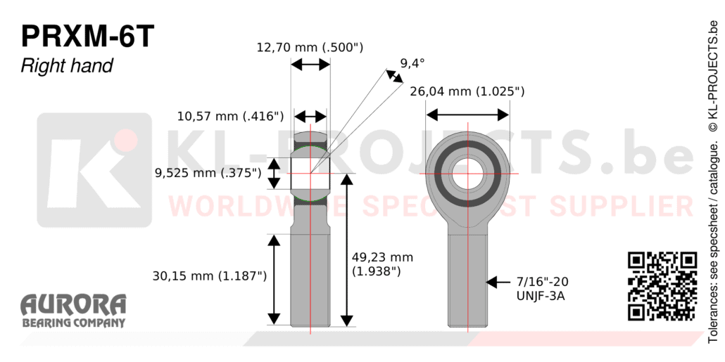 Aurora PRXM-6T male rod end drawing with dimensions