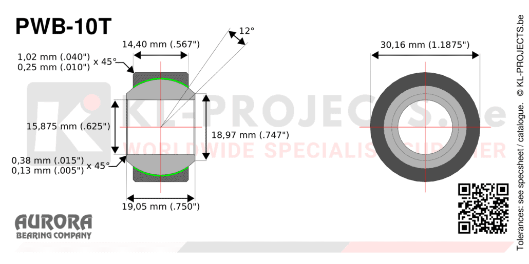 Aurora PWB-10T wide spherical bearing drawing with dimensions
