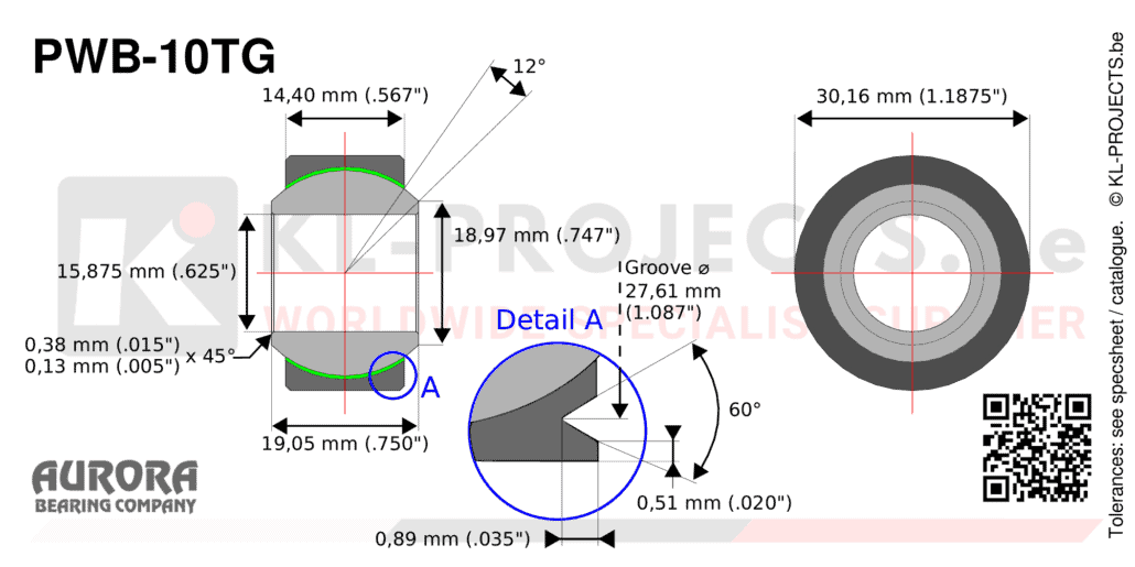 Aurora PWB-10TG wide spherical bearing drawing with dimensions