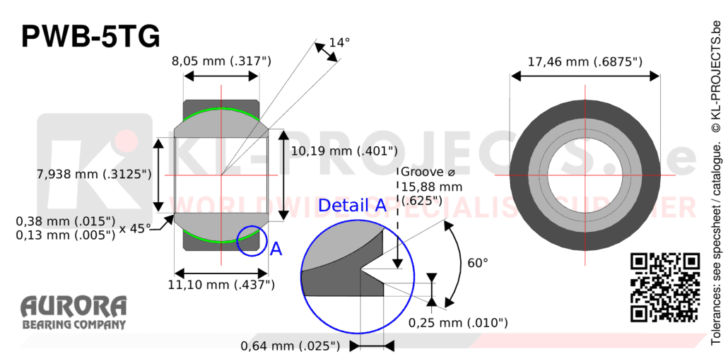 Aurora PWB-5TG wide spherical bearing drawing with dimensions
