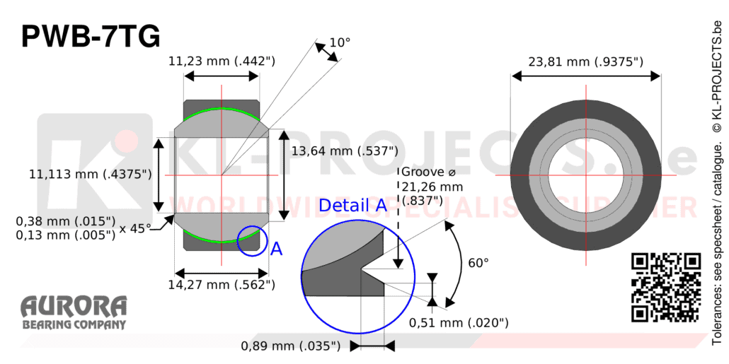Aurora PWB-7TG wide spherical bearing drawing with dimensions