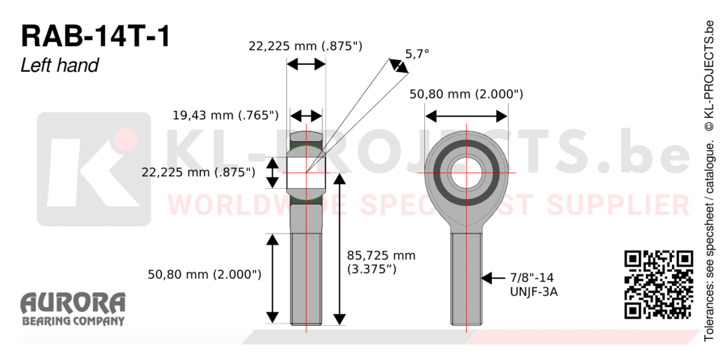 Aurora RAB-14T-1 male rod end drawing with dimensions