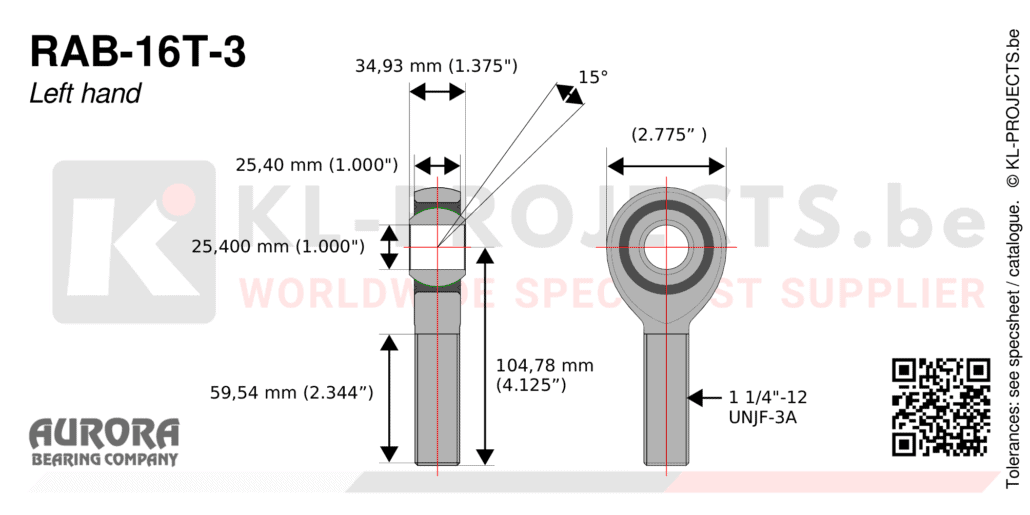 Aurora RAB-16T-3 male rod end drawing with dimensions