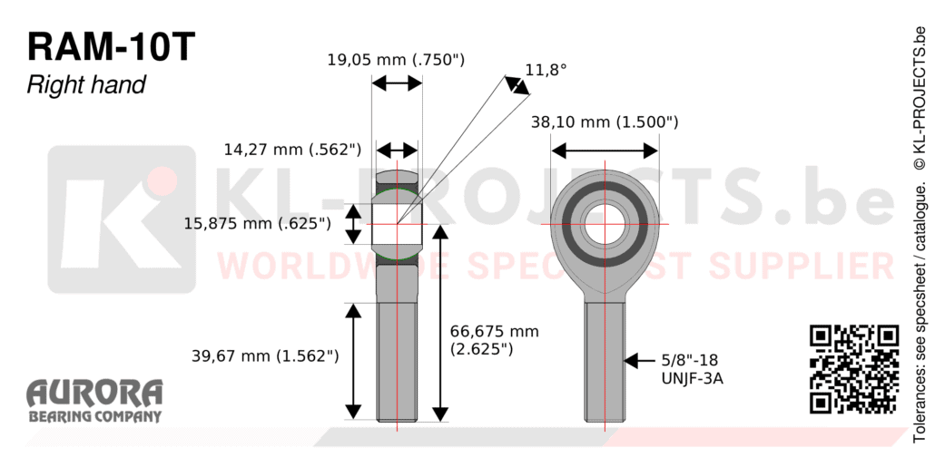 Aurora RAM-10T male rod end drawing with dimensions