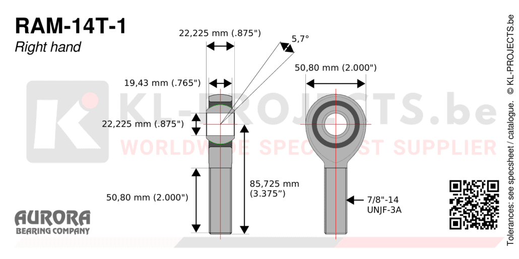 Aurora RAM-14T-1 male rod end drawing with dimensions