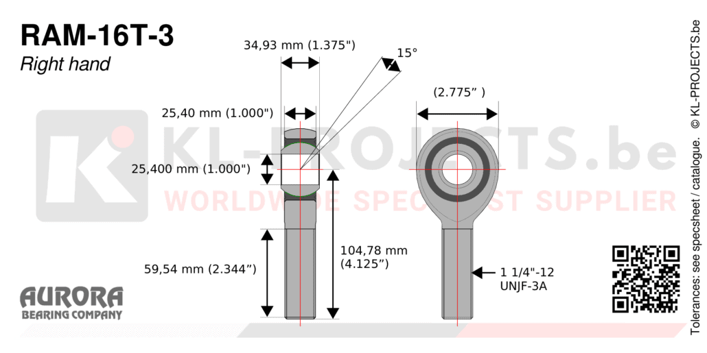 Aurora RAM-16T-3 male rod end drawing with dimensions