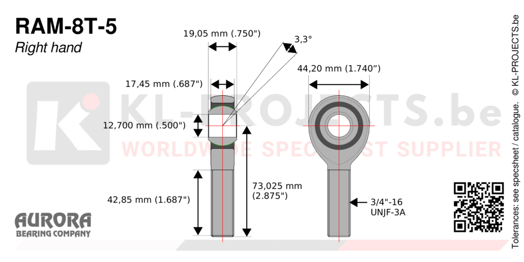 Aurora RAM-8T-5 male rod end drawing with dimensions