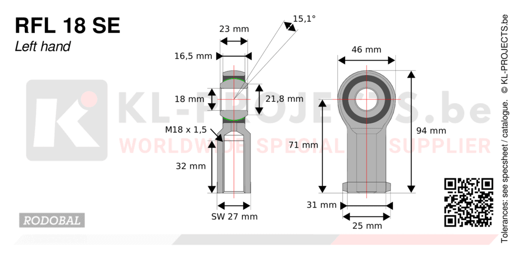Rodobal RFL18SE female rod end drawing with dimensions
