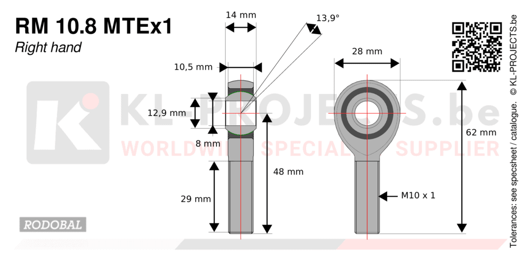 Rodobal RM10.8MTEx1 male rod end drawing with dimensions