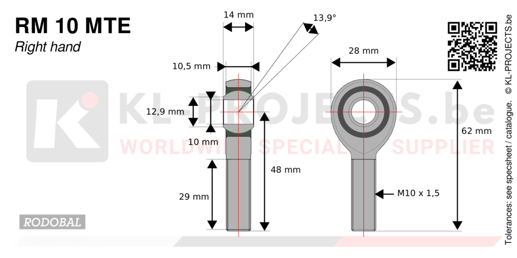 Rodobal RM10MTE male rod end drawing with dimensions