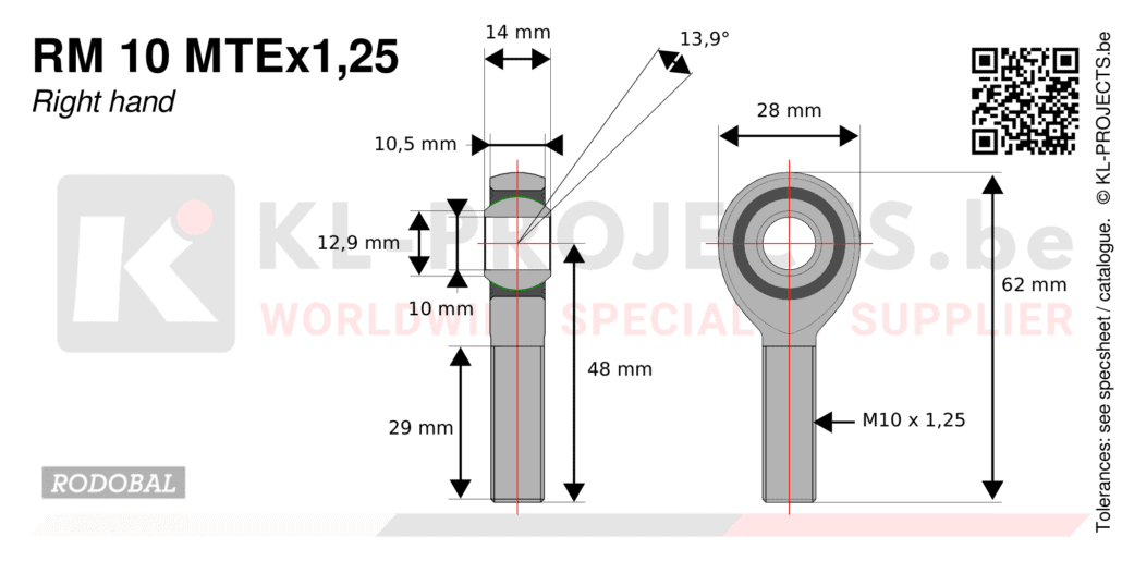 Rodobal RM10MTEx1,25 male rod end drawing with dimensions