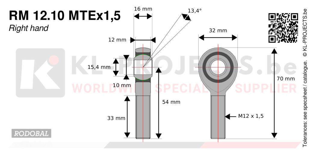 Rodobal RM12.10MTEx1,5 male rod end drawing with dimensions