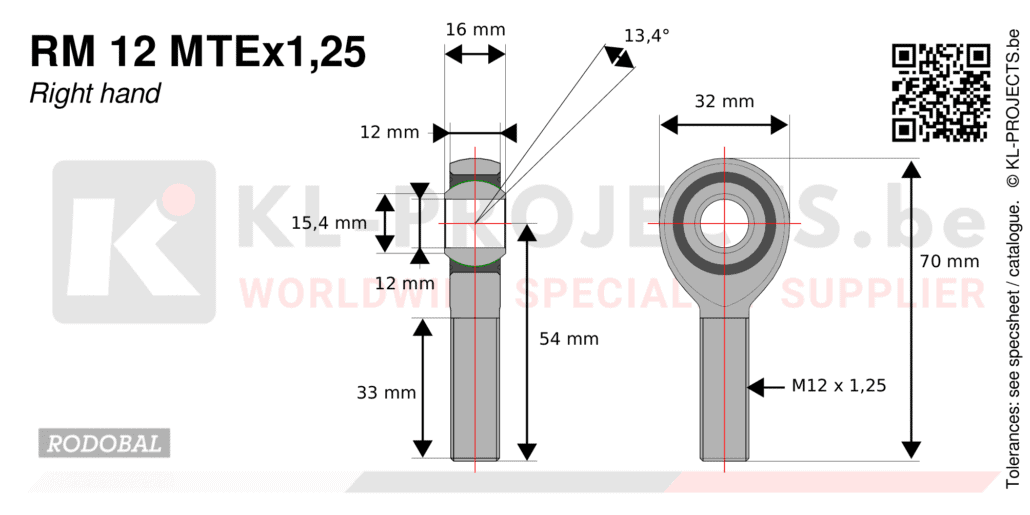 Rodobal RM12MTEx1,25 male rod end drawing with dimensions