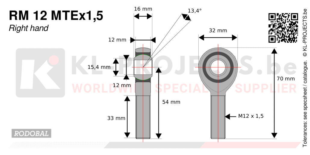 Rodobal RM12MTEx1,5 male rod end drawing with dimensions
