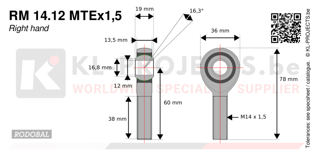 Rodobal RM14.12MTEx1,5 male rod end drawing with dimensions