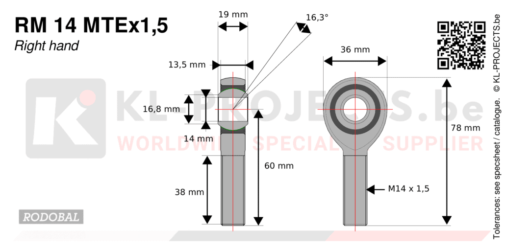 Rodobal RM14MTEx1,5 male rod end drawing with dimensions