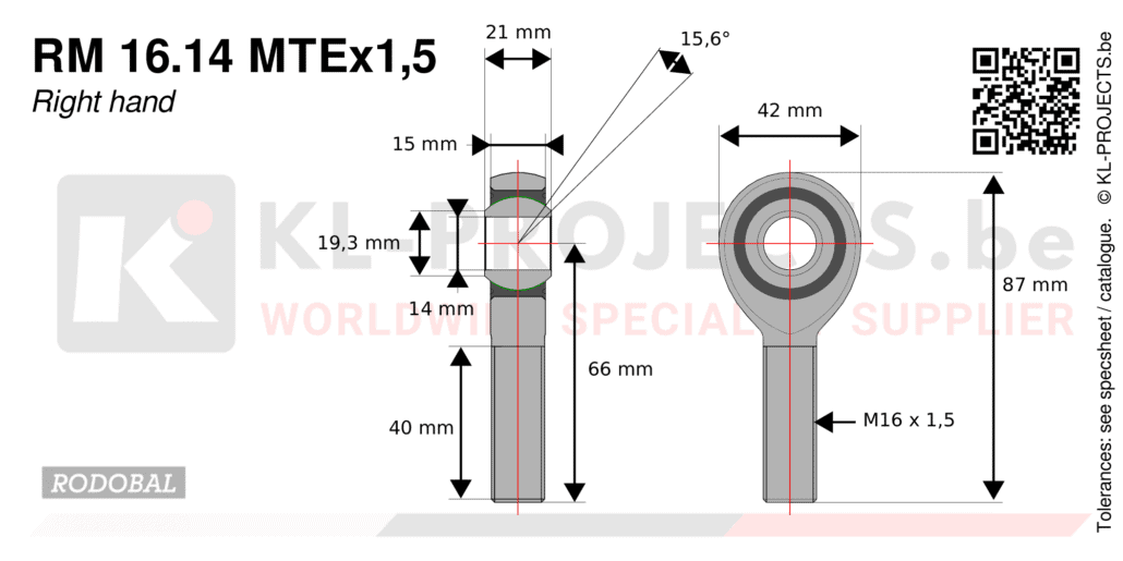 Rodobal RM16.14MTEx1,5 male rod end drawing with dimensions
