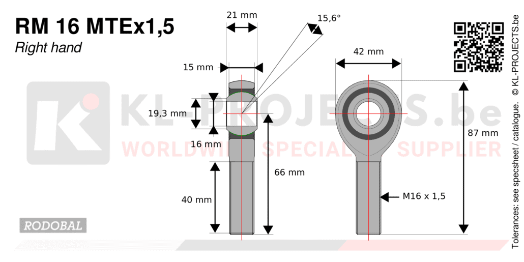 Rodobal RM16MTEx1,5 male rod end drawing with dimensions