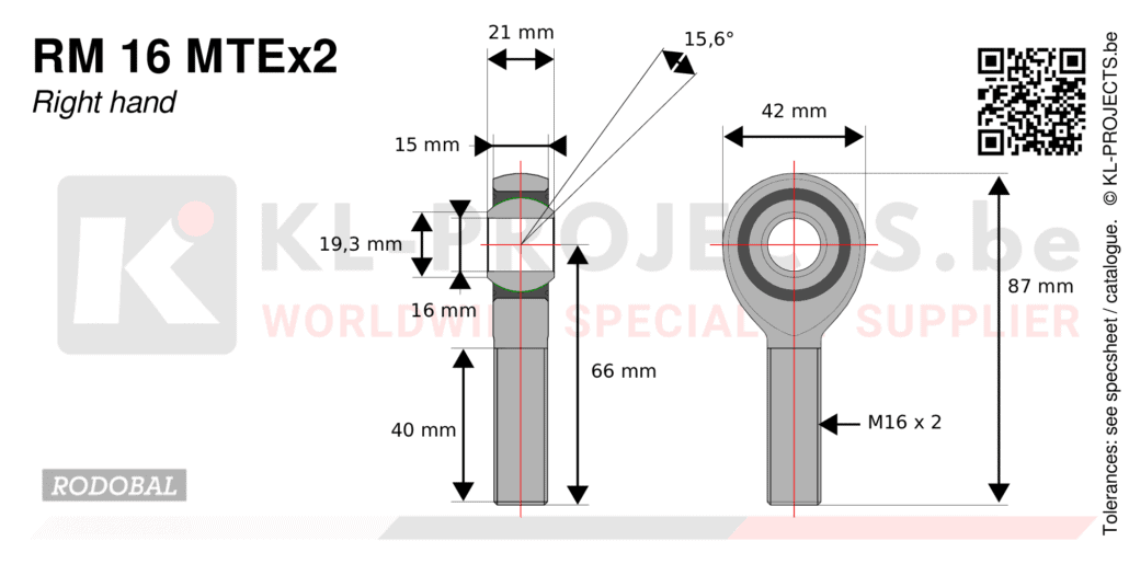 Rodobal RM16MTEx2 male rod end drawing with dimensions