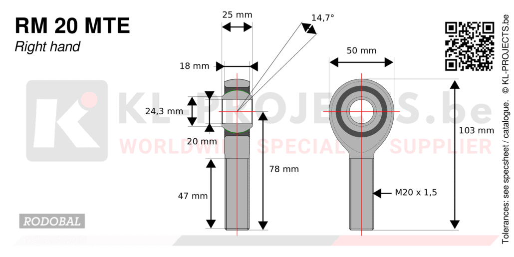 Rodobal RM20MTE male rod end drawing with dimensions