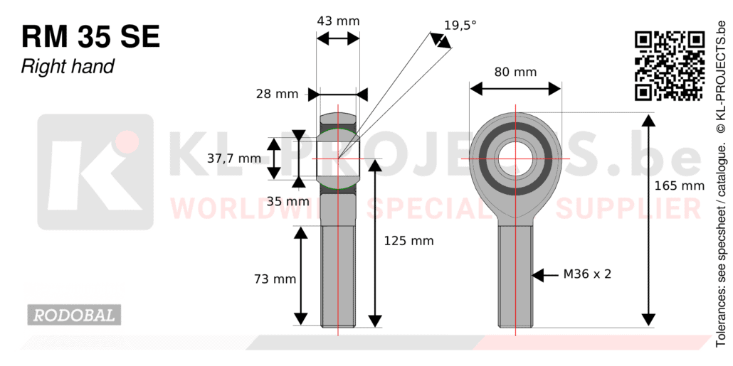Rodobal RM35SE male rod end drawing with dimensions