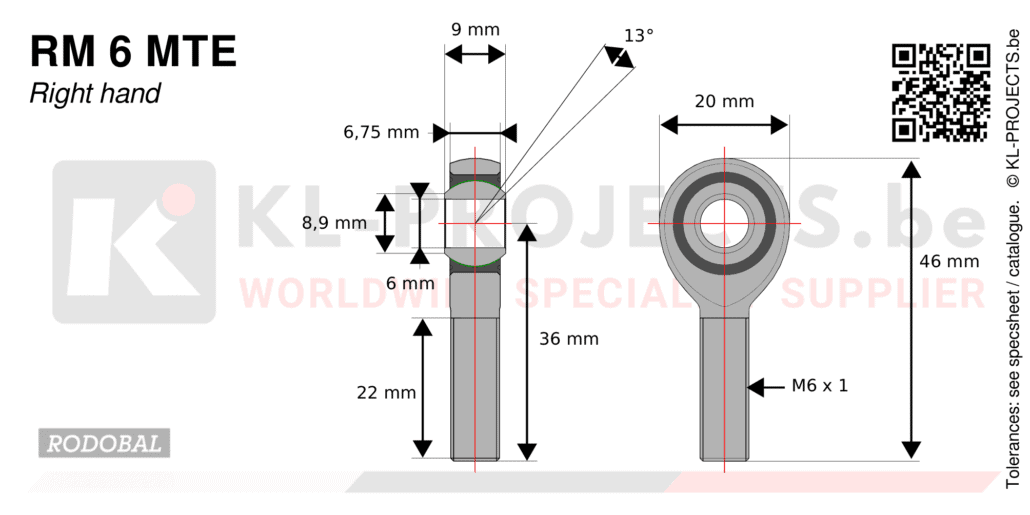 Rodobal RM6MTE male rod end drawing with dimensions