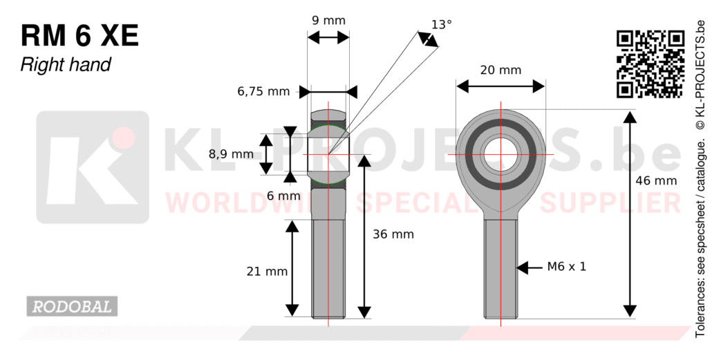Rodobal RM6XE male rod end drawing with dimensions