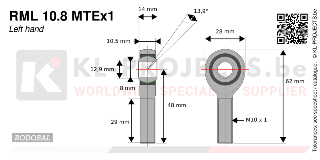 Rodobal RML10.8MTEx1 male rod end drawing with dimensions