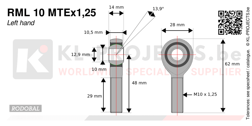 Rodobal RML10MTEx1,25 male rod end drawing with dimensions