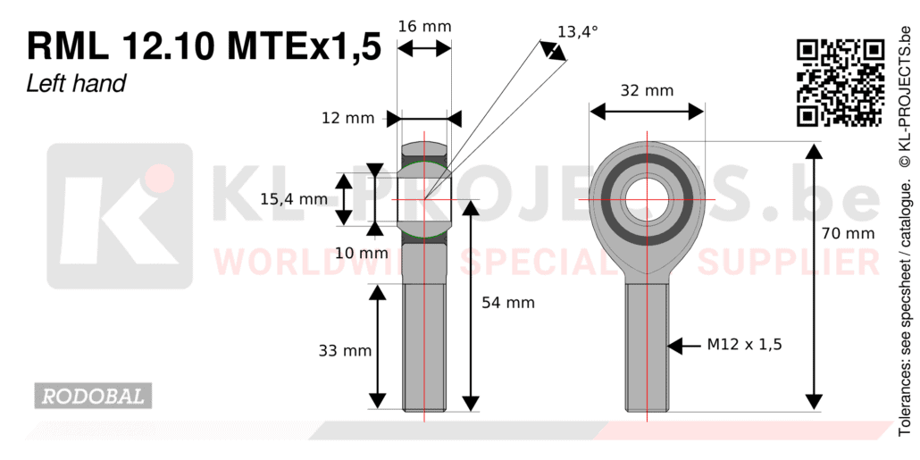 Rodobal RML12.10MTEx1,5 male rod end drawing with dimensions