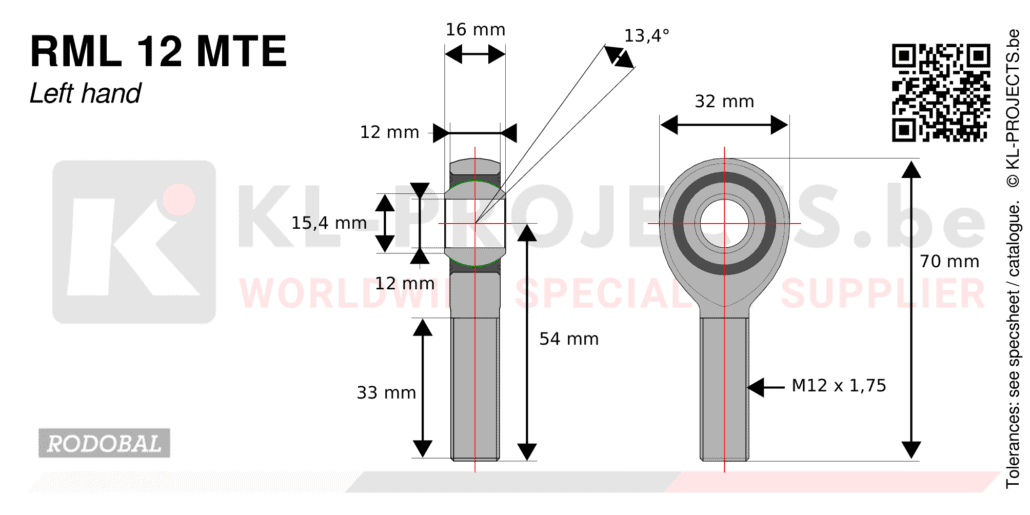 Rodobal RML12MTE male rod end drawing with dimensions