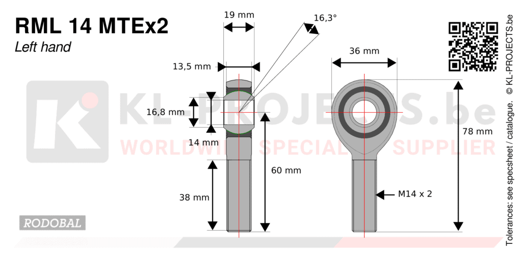 Rodobal RML14MTEx2 male rod end drawing with dimensions
