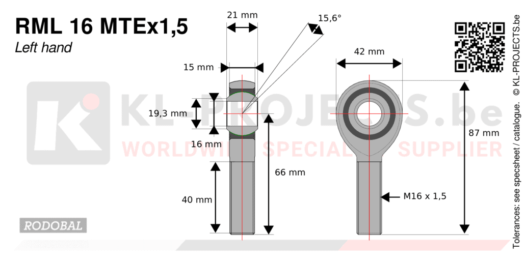 Rodobal RML16MTEx1,5 male rod end drawing with dimensions